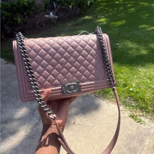 CHANEL Boy Bag, Pink/Rose Gold Quilted with Aged Silver Chain Strap / Authentic